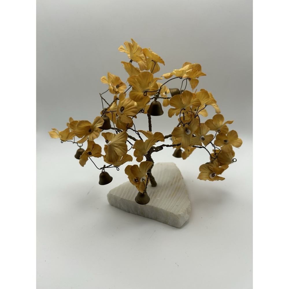 Vintage Shell Flower Tree Brass Bells Stone Base Mid Century Decor